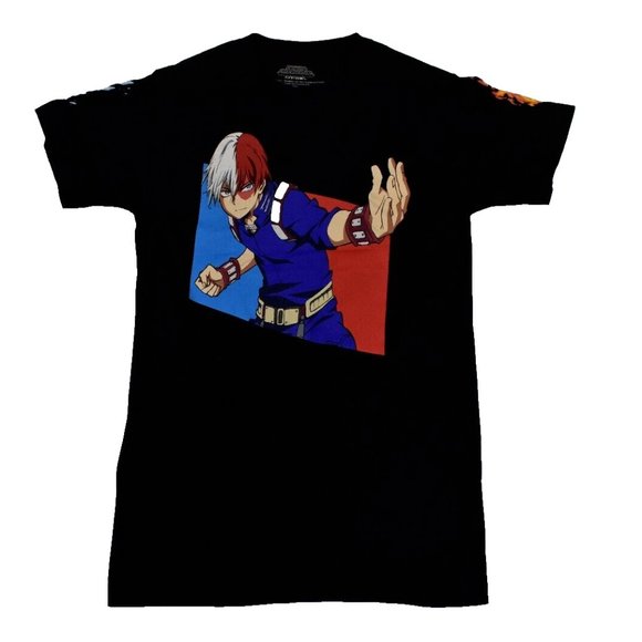 My Hero Academia Mens Shoto Todoroki Fire & Ice Sleeves Black Shirt New - Picture 2 of 3